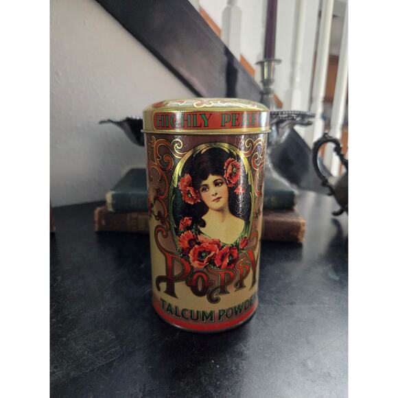 Daher Poppy Talcum Powder Tin 6" Made in England Victorian Art Nouveau Style - Picture 8 of 10